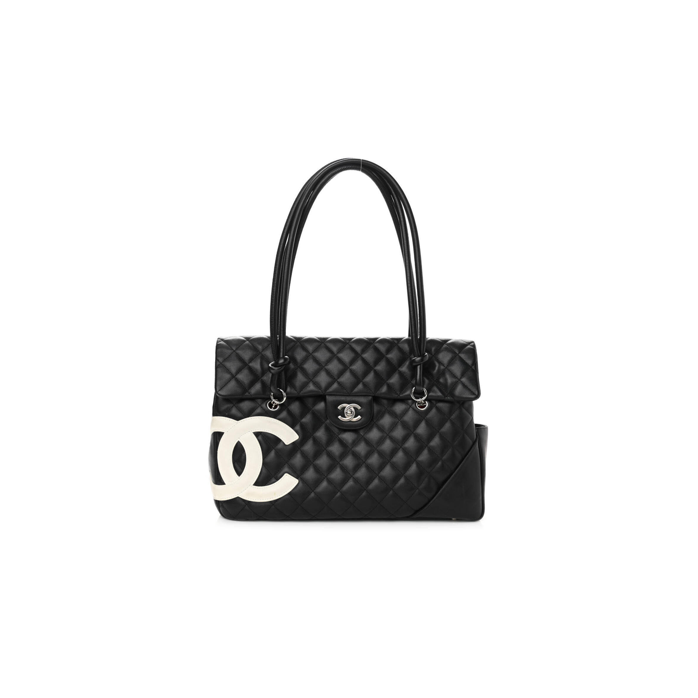 Ch**el calfskin quilted large cambon flap black white (33*24*11cm)